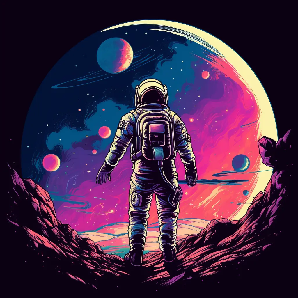 AI generated image using Midjourney with the prompt: &#039;An adventurous astronaut in a space suit, seen from the back with a light angle. He is pointing his finger, as if he was pointing to a distant aim, where he aspires to go. In the background there are stars, planets and a few distant galaxies. The style should be a retrowave, synthwave album cover.'